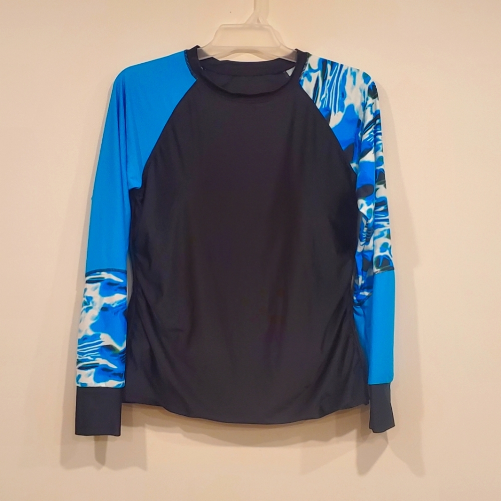 Women's Plus Size 2XL Swimwear Rash Guard Shirt Padded Bra Sea Blue Black Aztec